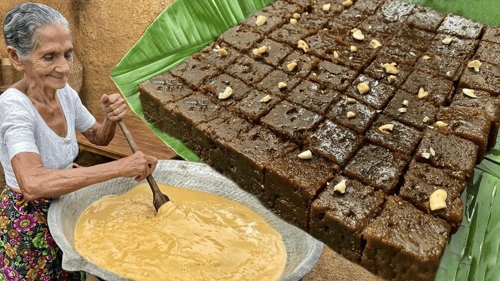 Una persona anziana prepara un piatto tradizionale con una ciotola grande piena di pastella gialla e un vassoio con pezzi scuri e quadrati. 2