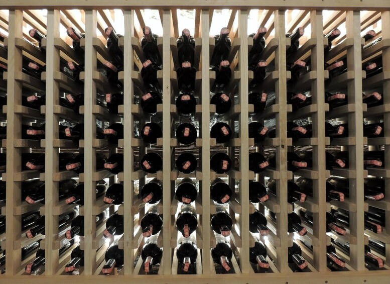 A wine cellar with rows of wine bottles. 4