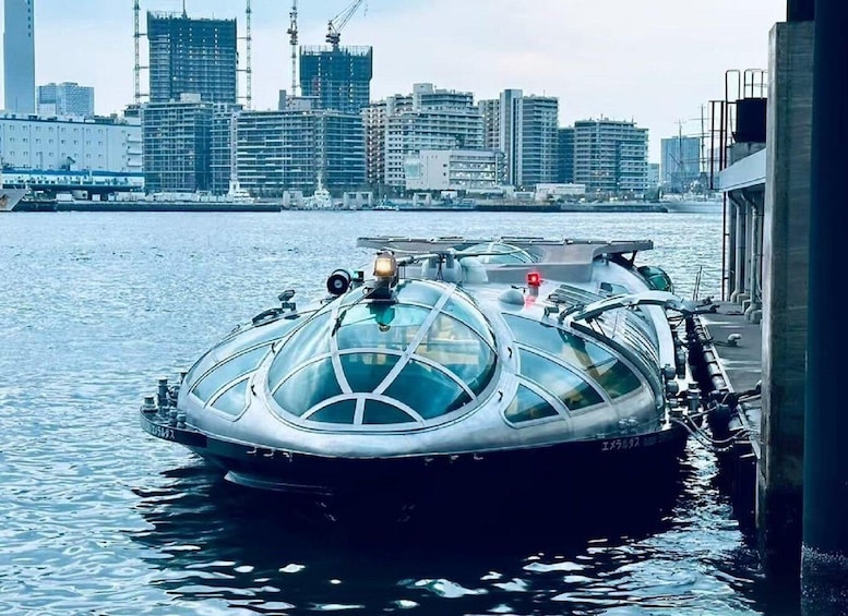 A futuristic vehicle docked at a waterfront with a city skyline in the background. 5