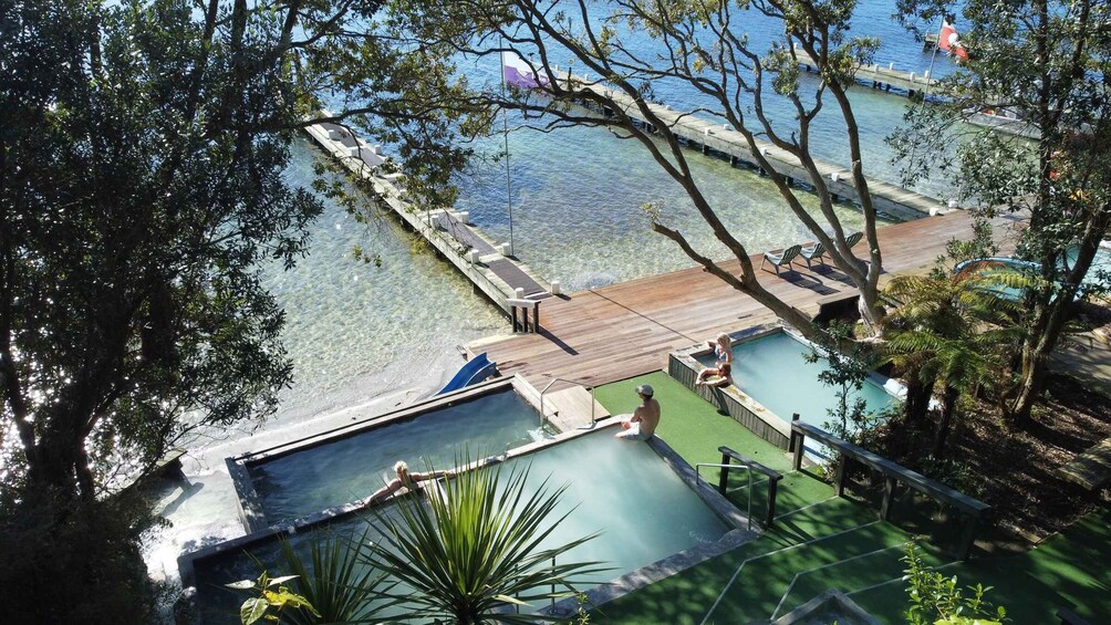 A swimming pool area with clear water, surrounded by trees and a wooden deck. 2