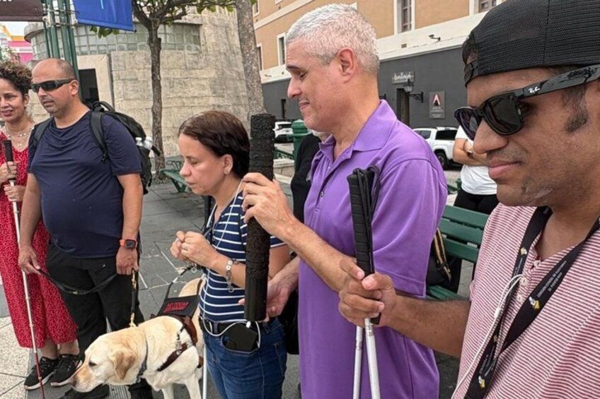 A group of people standing on a sidewalk, some holding umbrellas, with a dog and a stroller nearby. 4