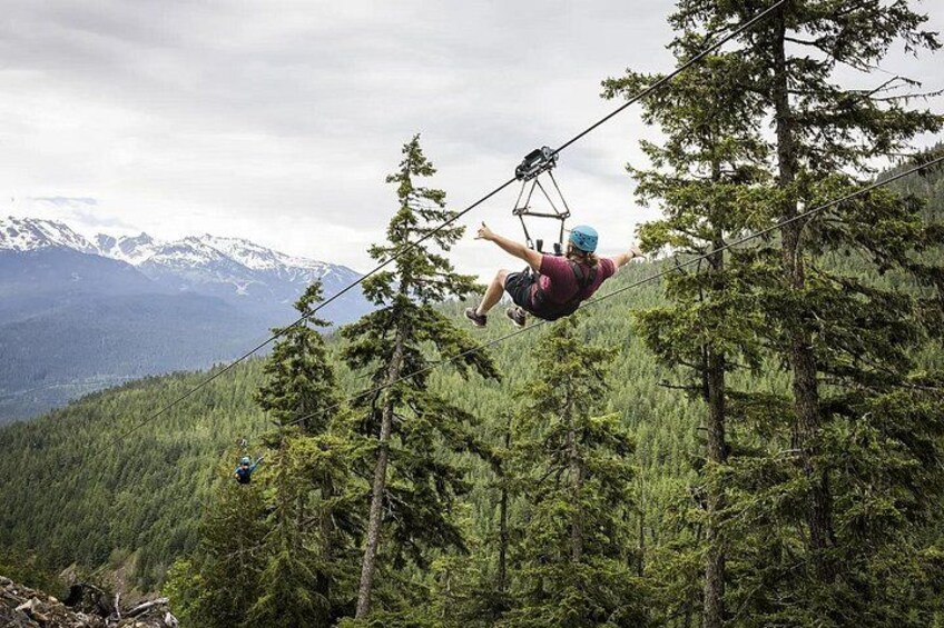 A person zip-lining through a forested mountain area with a cable car in the background. 3