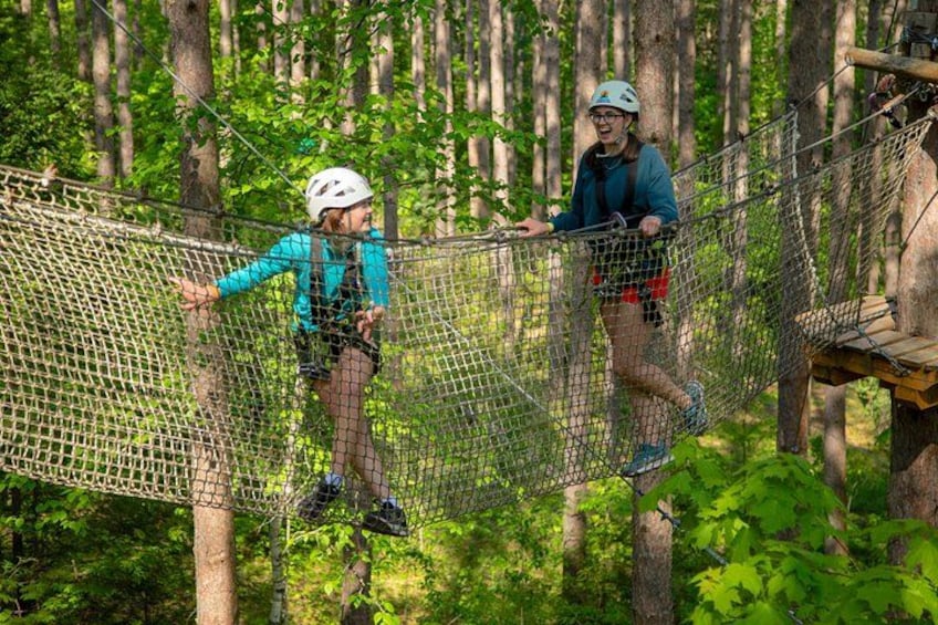 Two people on a rope bridge in a forest. 3