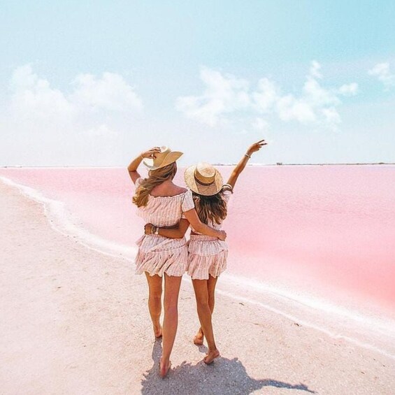 Two people walking on a pink beach with a clear sky. 3