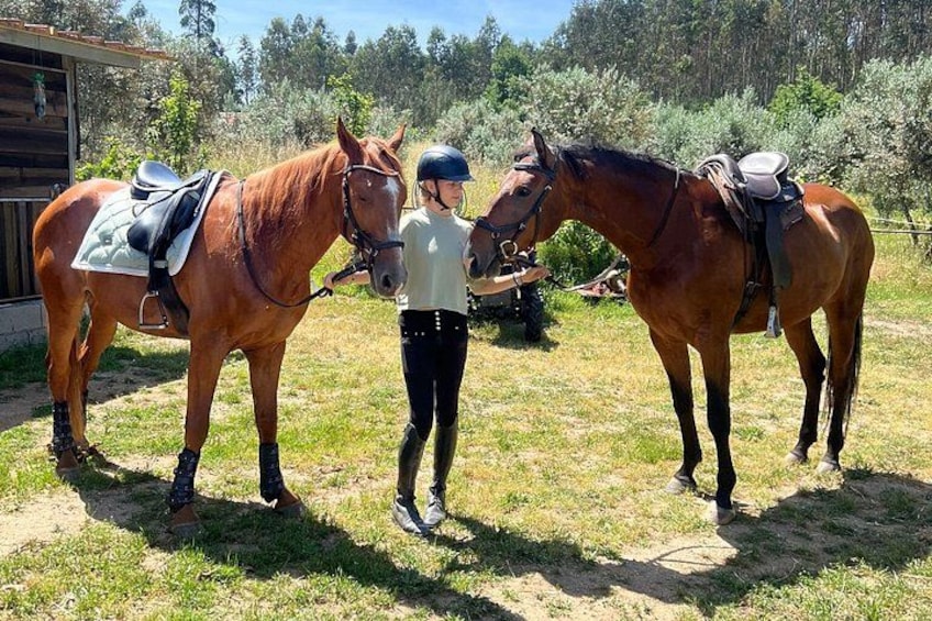 Two horses with saddles, a person in riding gear, and a stable in the background. 3