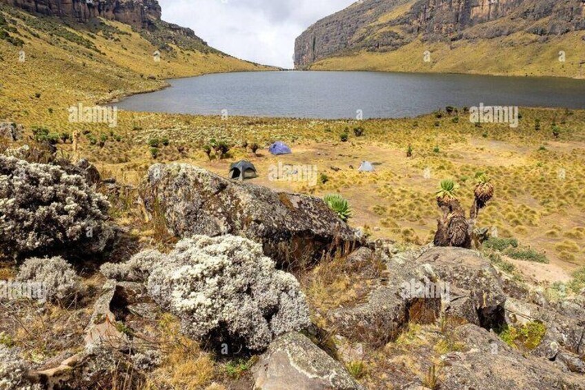 A lake surrounded by rocky terrain with tents and sparse vegetation. 3