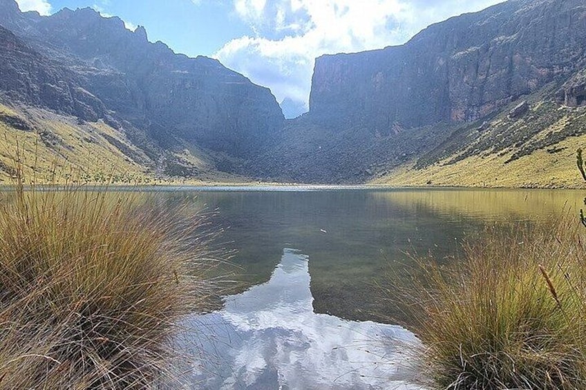 A lake surrounded by mountains. 4