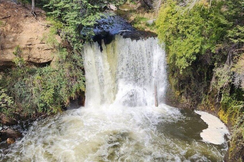 A waterfall cascading over rocks surrounded by greenery. 5