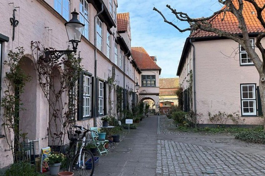 A cobblestone street lined with traditional buildings, a bicycle, and potted plants. 5