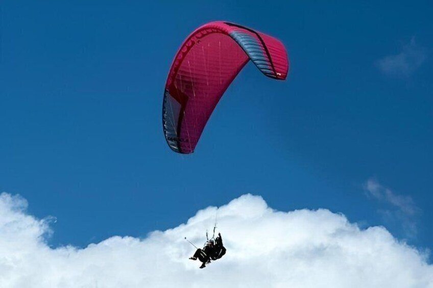 A person paragliding with a pink canopy above white clouds. 4