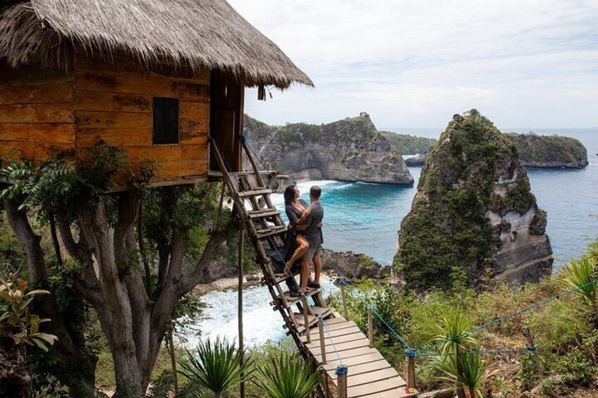 A wooden treehouse with a thatched roof overlooking a coastal landscape with cliffs and a clear sky. 3