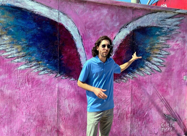 A person standing in front of a mural with large, colorful wings. 4