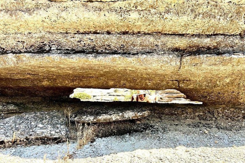 A rock formation with layered sedimentary rock and a fossil embedded in the middle layer. 5
