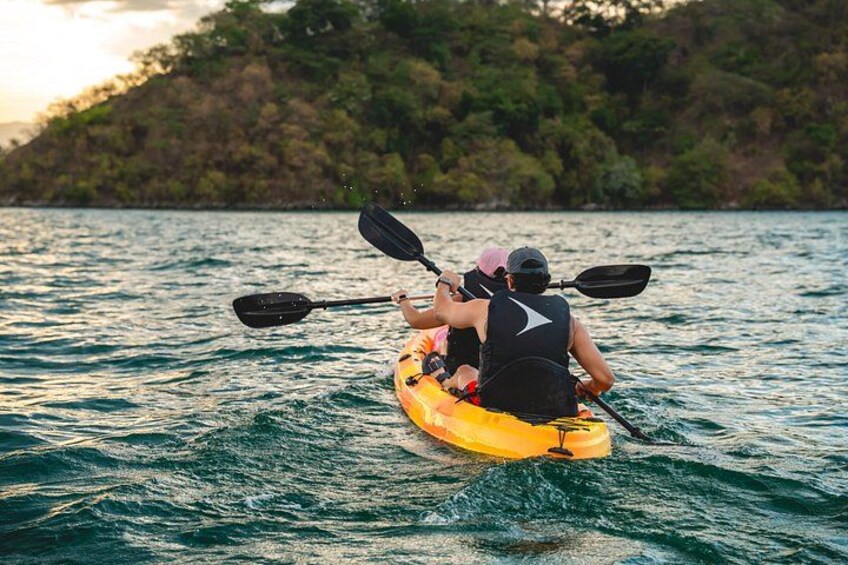 Two people kayaking on a body of water with a forested shoreline in the background. 3