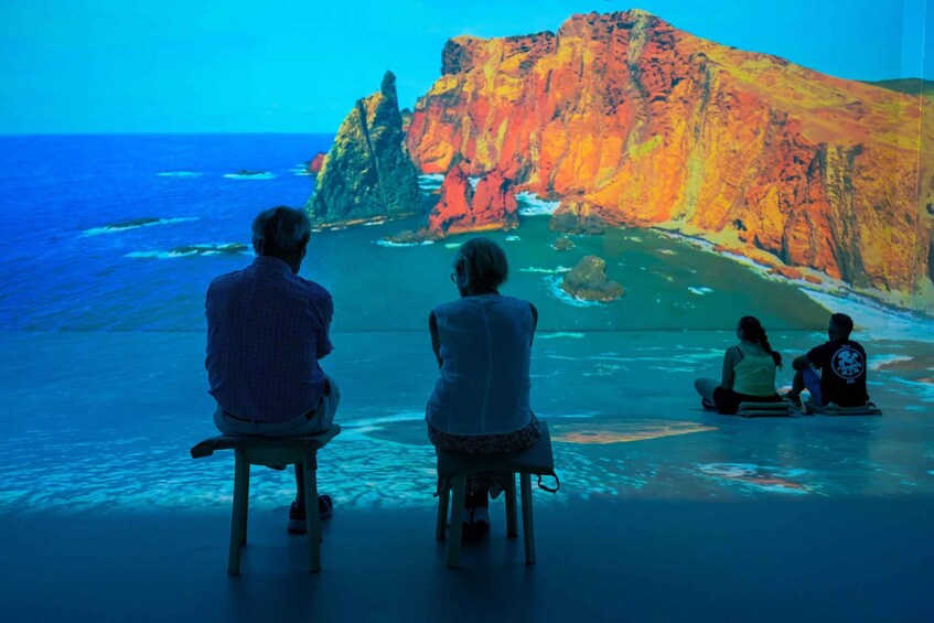 A group of people sitting on stools facing a large screen displaying a coastal landscape with cliffs and the ocean. 4