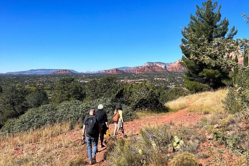 A hiker and a dog on a trail with a view of red rock formations and a clear blue sky. 3