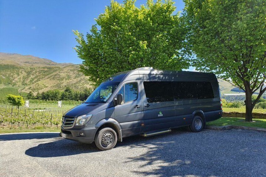 A gray van parked on a gravel road with a vineyard in the background. 5