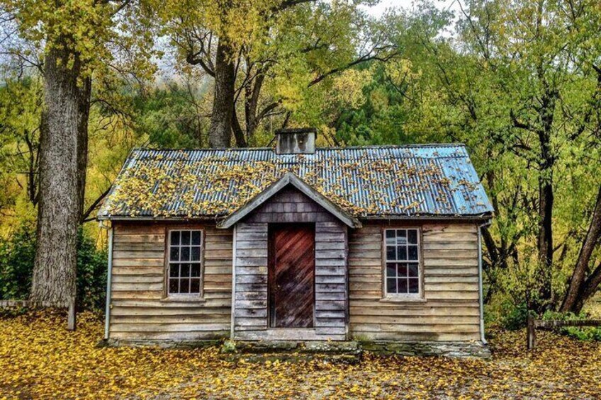 A rustic wooden cabin with a blue metal roof surrounded by autumn foliage. 4