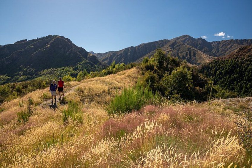 Two people hiking on a grassy trail with mountains in the background. 2