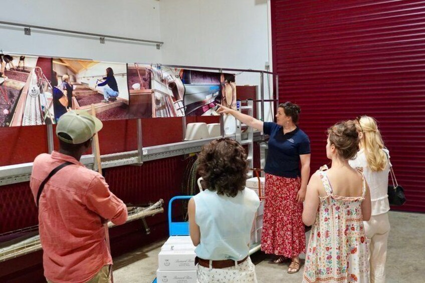 A group of people observing a display of photographs. 4