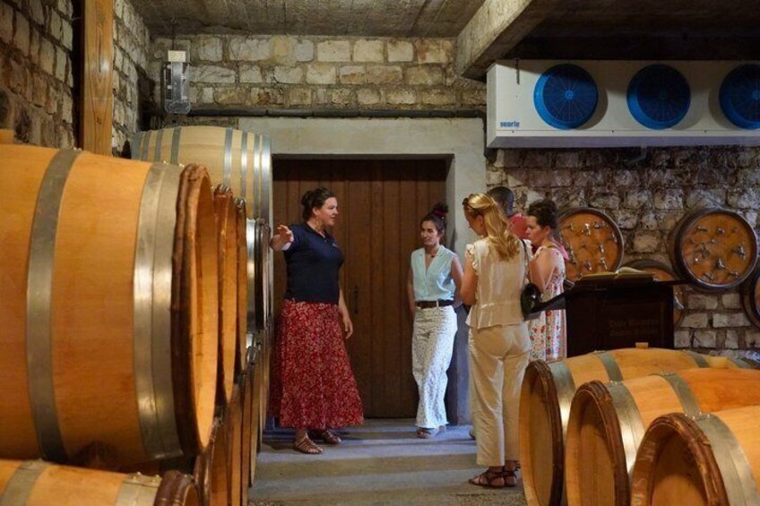 A group of people in a wine cellar with large wooden barrels and a stone wall. 3