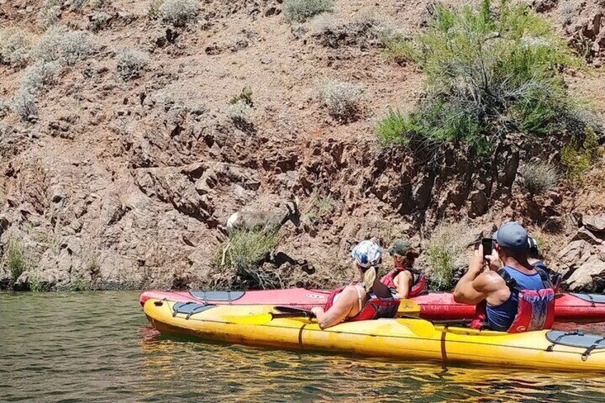 Deux personnes dans un kayak jaune et rouge sur une rivière paisible, avec une colline rocheuse en arrière-plan. 3