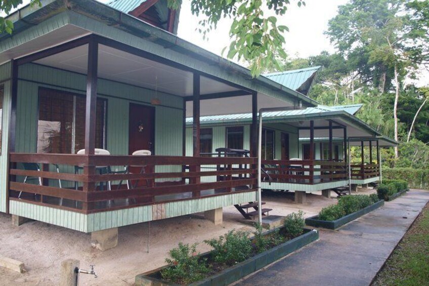 A two-story wooden house with a porch, surrounded by greenery. 3