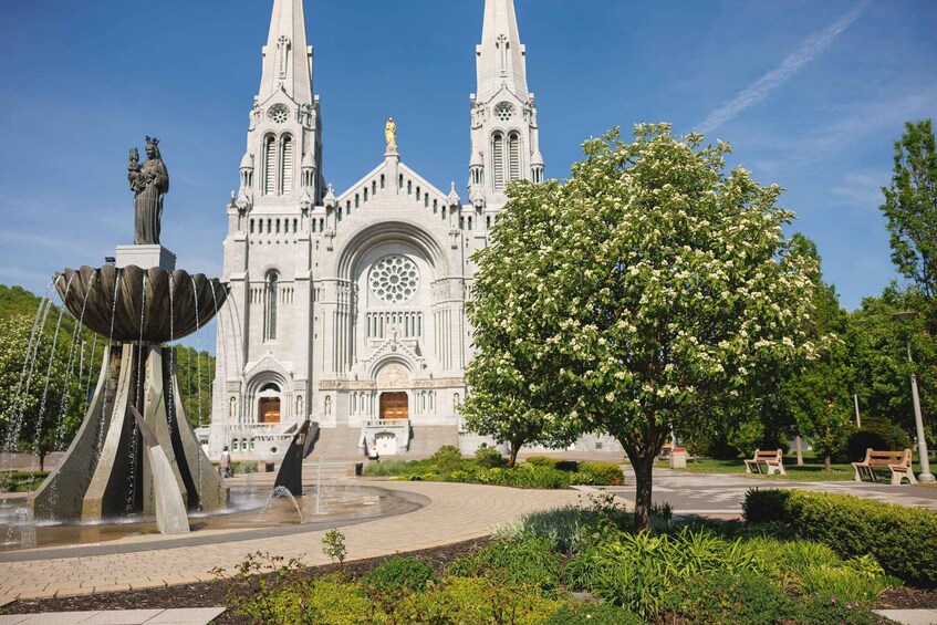 A large cathedral with twin spires, a fountain, and a blooming tree in a landscaped area. 3
