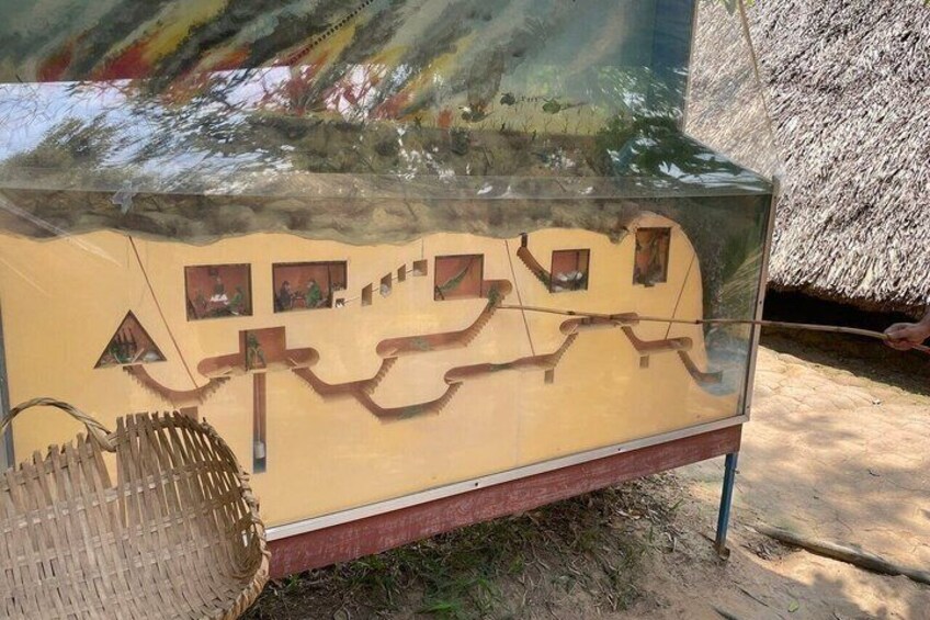 A glass display case with a map and a basket. 2