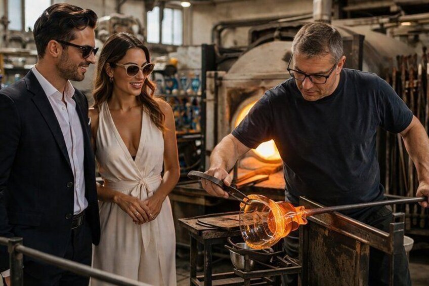 A man in a workshop, a woman in a dress, and a man in a suit observing a glassblowing process. 2