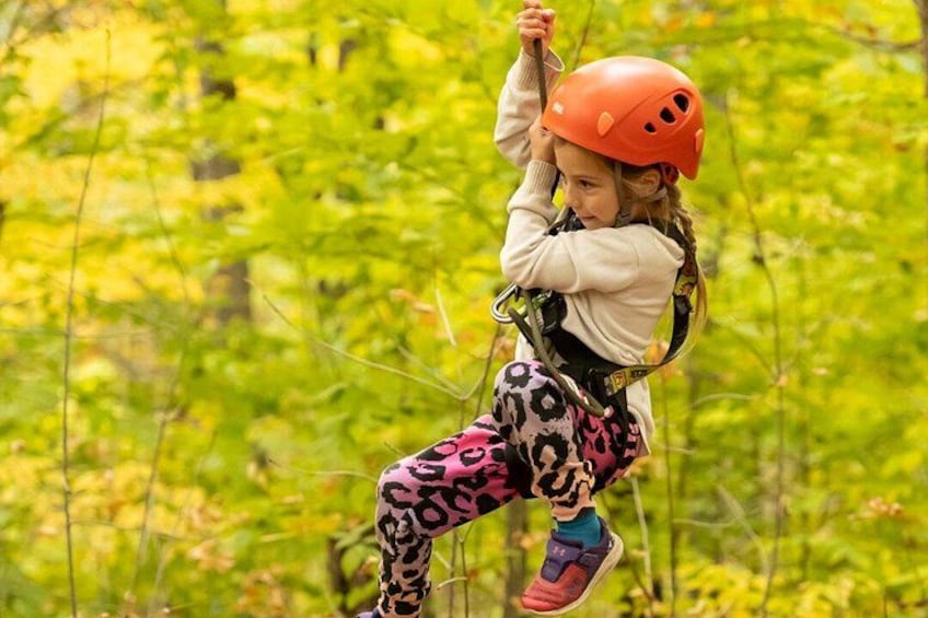 A person zip-lining through a forested area. 2
