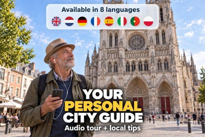 A person with a backpack and headphones, standing in front of a historic cathedral with a cityscape in the background. 1