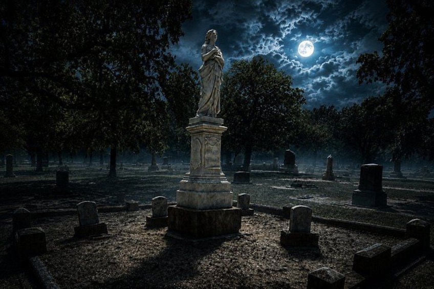 A cemetery at night with a full moon, tombstones, and a statue. 1