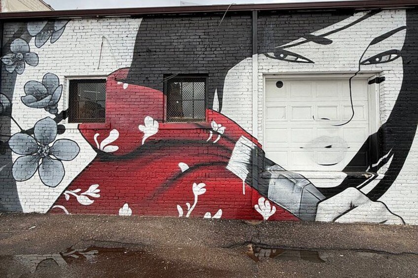 A mural on a building with floral patterns and a garage door. 4