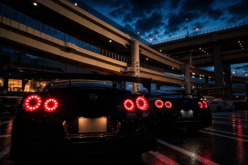 Two cars with illuminated taillights on a wet road at dusk, with a multi-level overpass and buildings in the background. 1