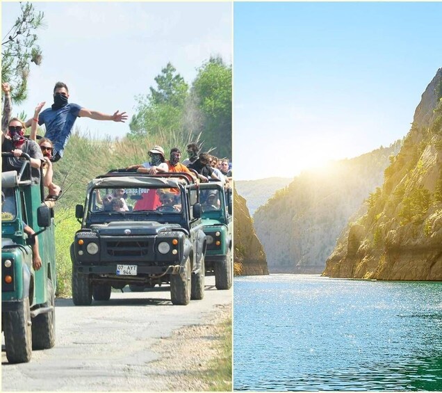 A group of people on a safari vehicle and a scenic coastal landscape with cliffs and water. 1