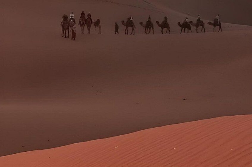 A group of people riding camels across a desert landscape. 4