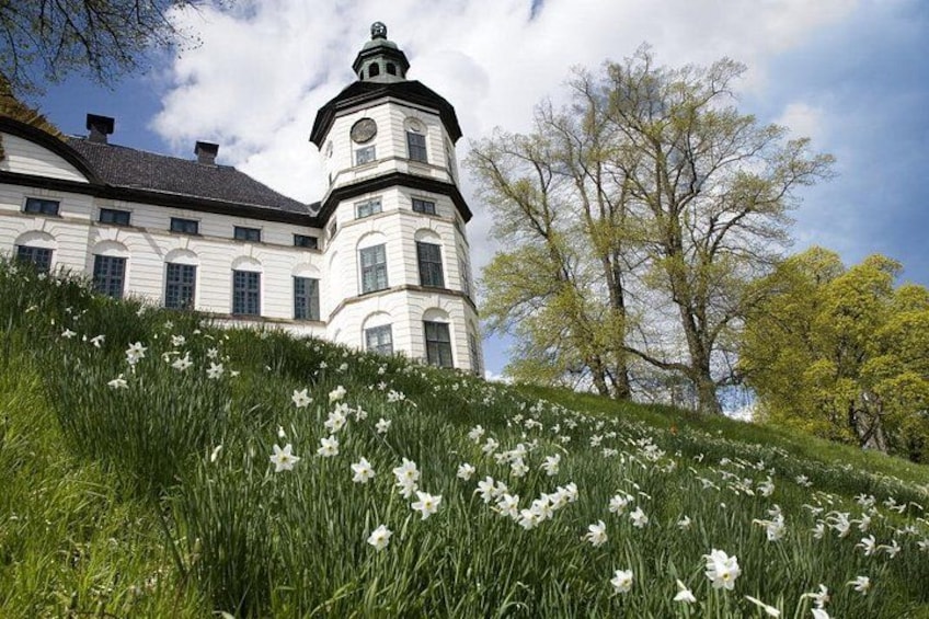A white building with a tower, surrounded by green grass and white flowers. 4