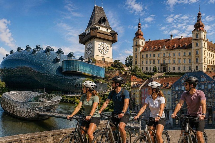 Cyclists on a bridge with a large, modern sculpture and historic buildings in the background. 1