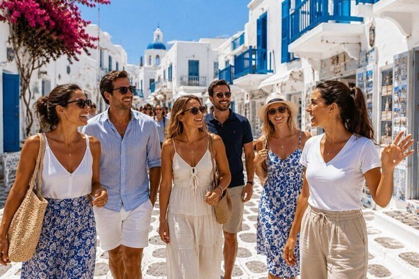 A group of people walking on a white cobblestone street with blue buildings and pink flowers. 1