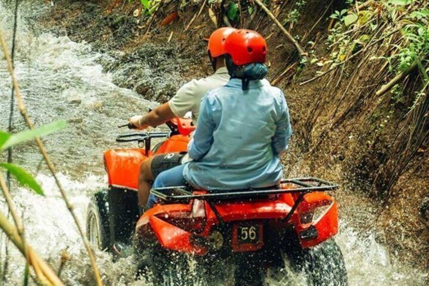 A person riding an ATV through a shallow water crossing surrounded by dense vegetation. 4