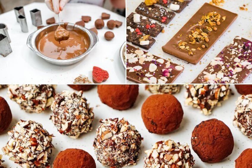 Chocolate-covered treats, nuts, and cocoa powder. 1