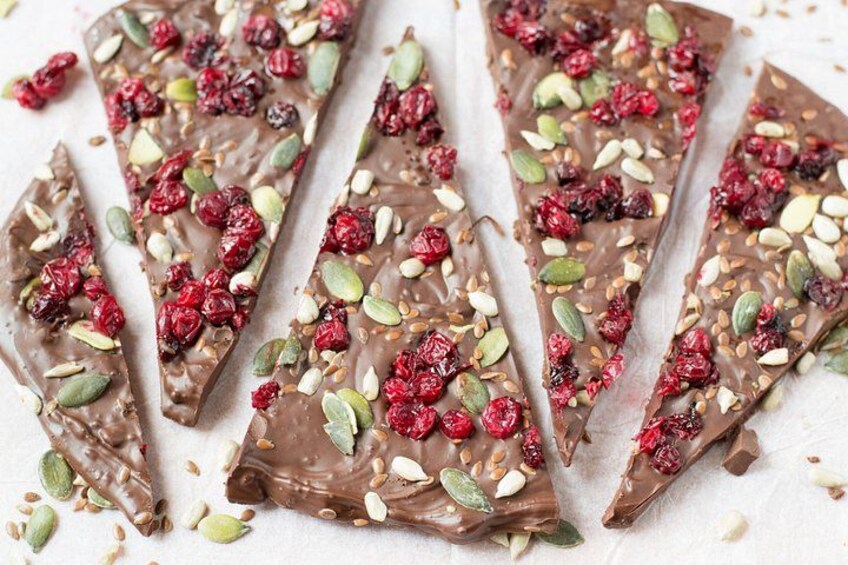 Chocolate bark with dried cranberries and seeds. 5