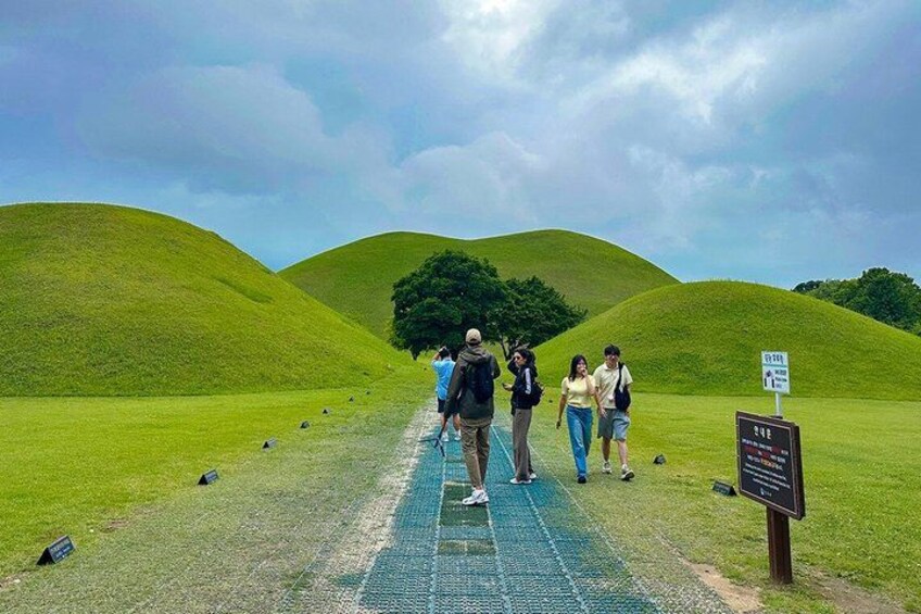 A group of people walking on a path through a grassy area with hills in the background. 5