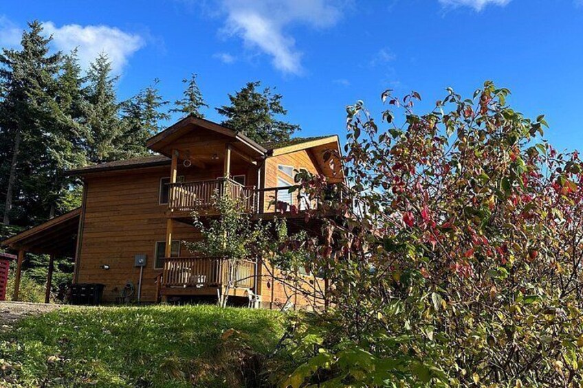A wooden cabin with a balcony, surrounded by trees and a clear sky. 5