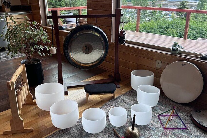 A room with wooden flooring, a large gong, several white bowls, a potted plant, and a window with a view of greenery. 1
