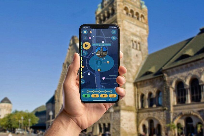 A hand holding a smartphone with a map application, a clock, and various icons against a background of a historic building with a clock tower. 5