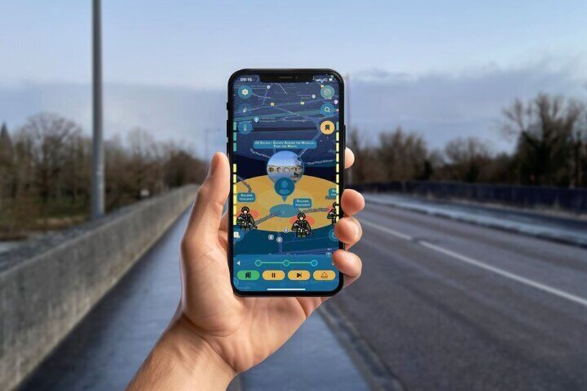 A hand holding a smartphone displaying a navigation app with a map and route options. 2