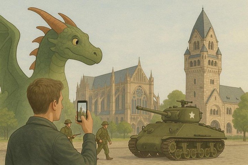 A green dragon, a tank, and a castle-like building. 1