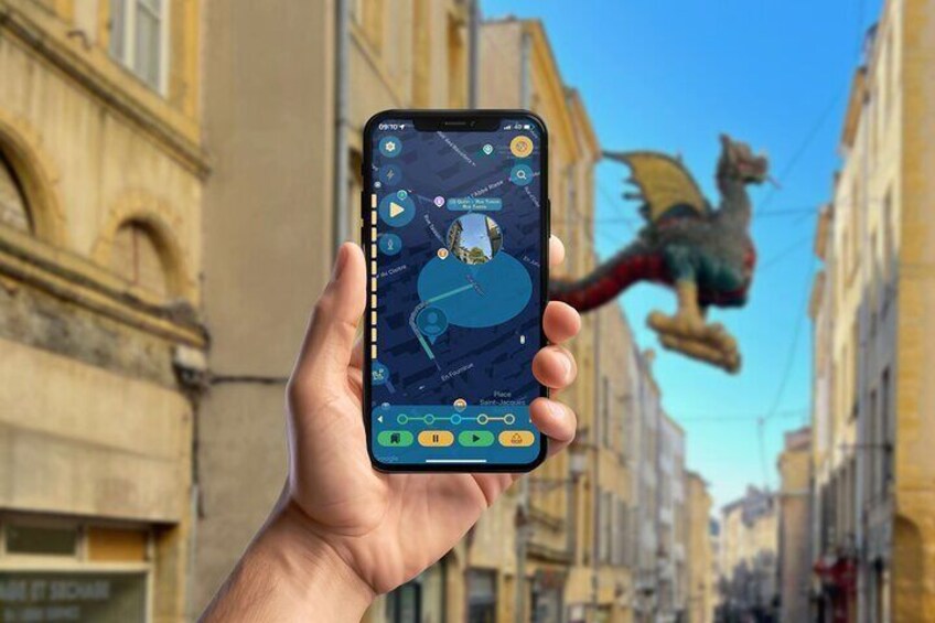 A hand holding a smartphone with a map application, a dragon statue, and historic buildings in the background. 3